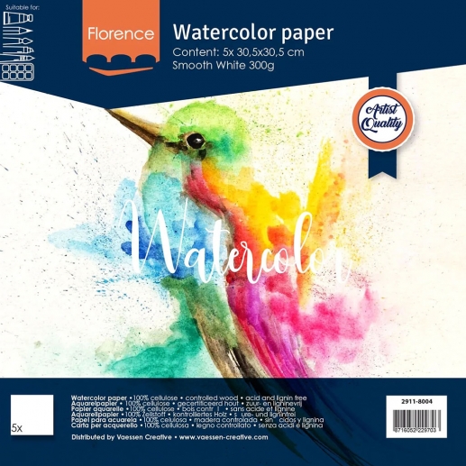 Akvarellpapper Florence 12x12 - White - 300g - 5 st