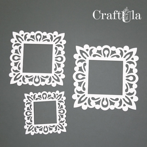 Tre detaljerade chipboardramar i beige naturton i tre olika storlekar med laserskurna ornament.