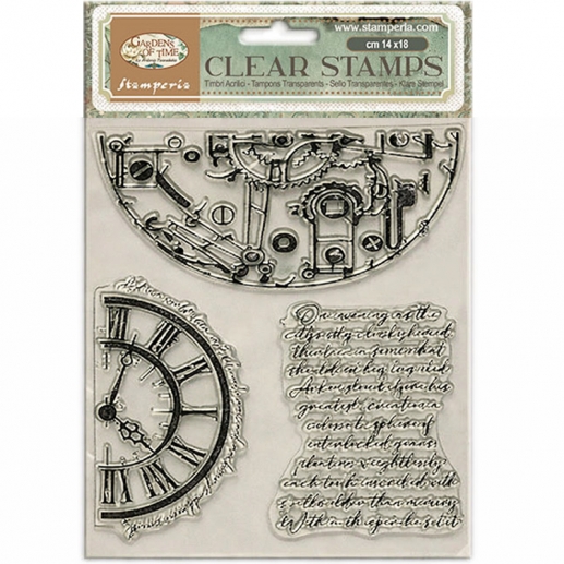 Clearstamps Stamperia - Gardens of Time - Half Clocks and Writtings