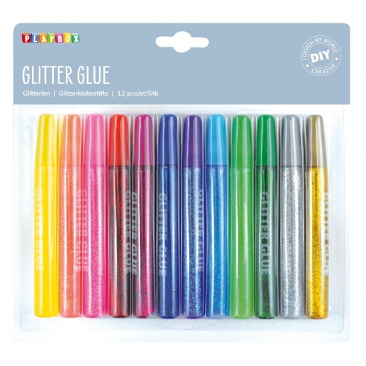 Glitterlim i 12 vackra glittriga färger i praktisk tub.
