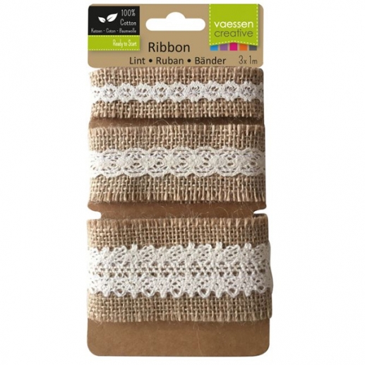 Juteband med Spets Creme 3 st á 1 m Julband