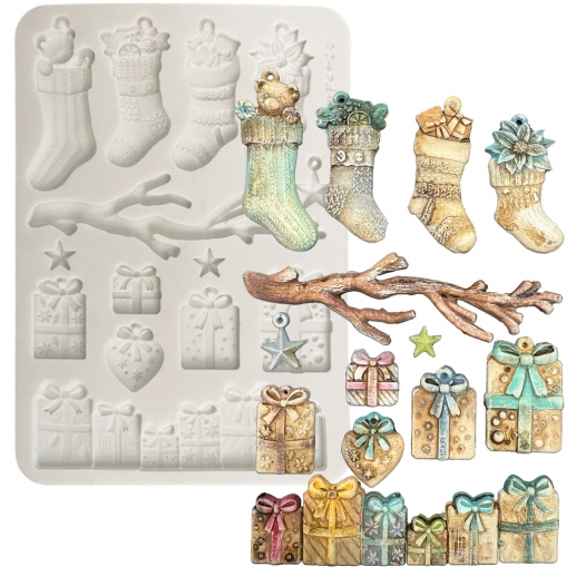 Silikonform A5 - White Christmas Socks and Presents - Stamperia