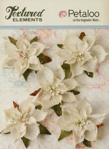 Tygblommor Christmas Flowers Petaloo Burlap Poinsettias 2.5" 5 st White