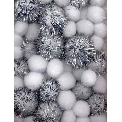 Pompoms - 20-35 mm - Vit & Silver - 50 st