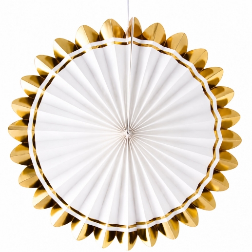 Solfjäder Pappersrosett - 30 cm - Vit Med Guldkant