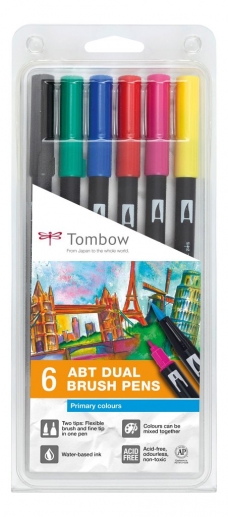 Tom Bow Dual Brush Pens - Primary Colors - 6 st