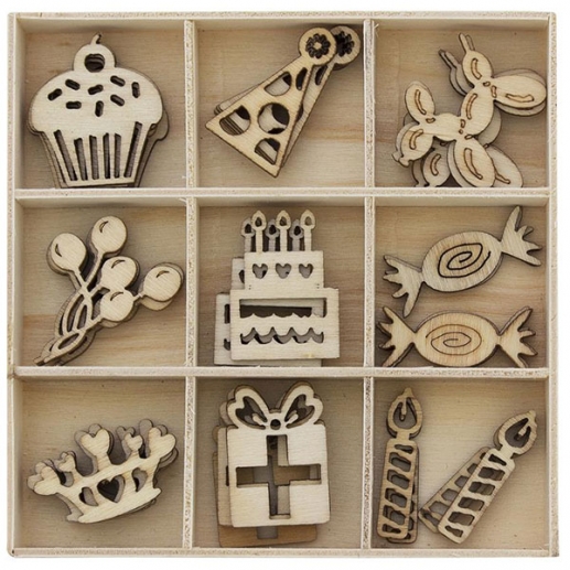 Trädekorationer - Födelsedag - 45 st i låda