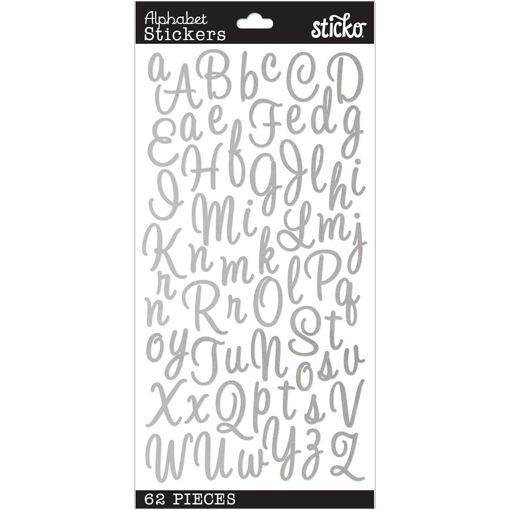 Silver Metallic Script Alfabet Stickers - Sweetheart Script Silver Metallic